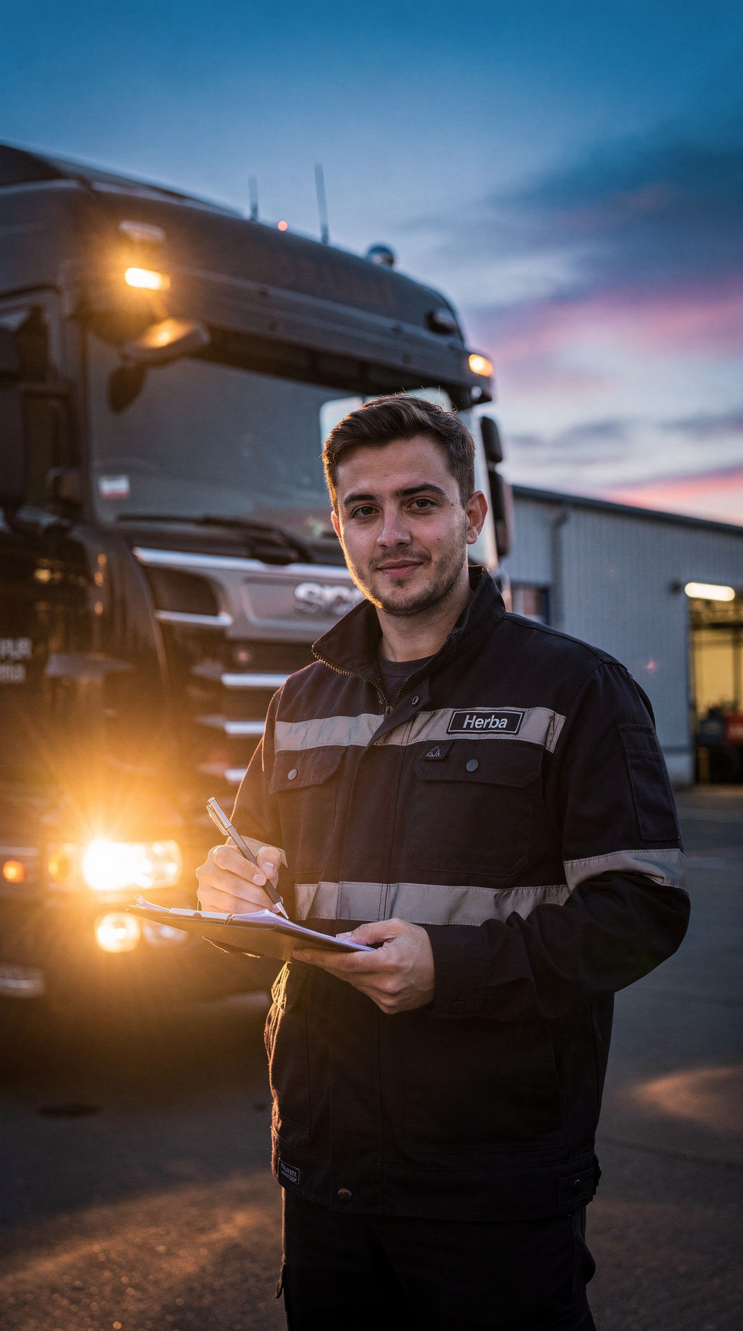 Truck driver next to his cabin at dusk