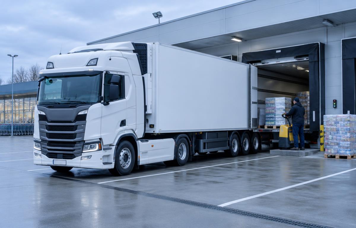 Белый тягач Scania с рефрижераторным полуприцепом на разгрузке у супермаркета, водитель работает электрической тележкой